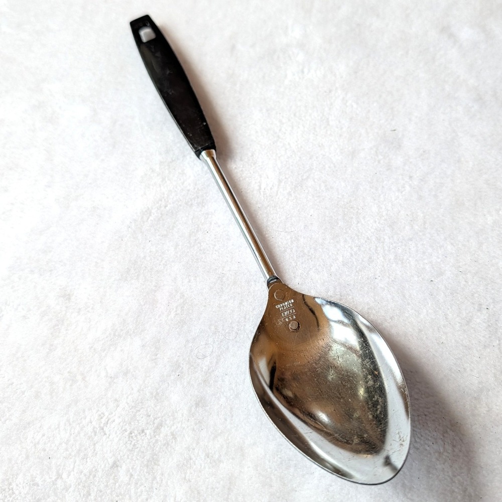 EKCO Flint Serving Spoon Vintage Chrome Plated Black Handle 12" USA